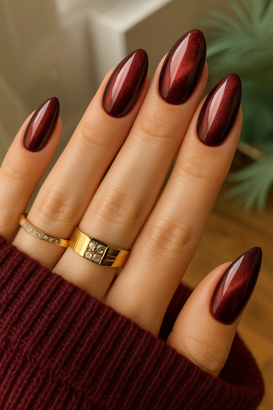 Black and burgundy ombre glossy press-on nails set by Elanto Nails displayed on white background