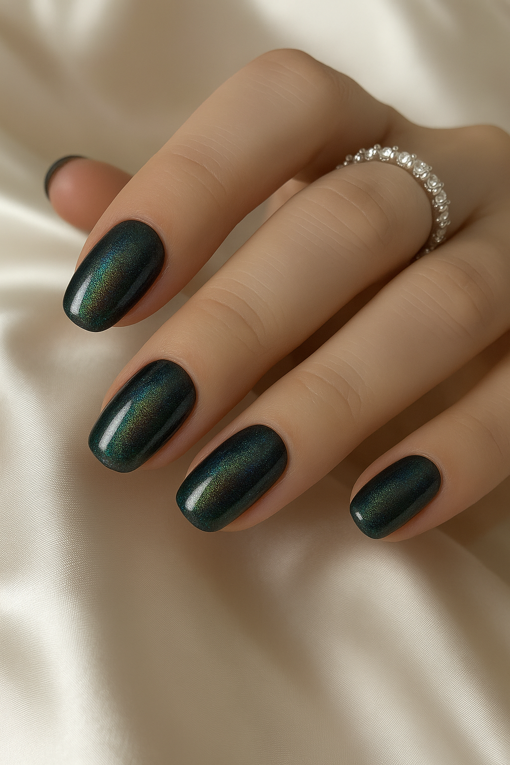 Multichrome galaxy-inspired cat-eye press-on nails in square shape by Elanto Nails on white background