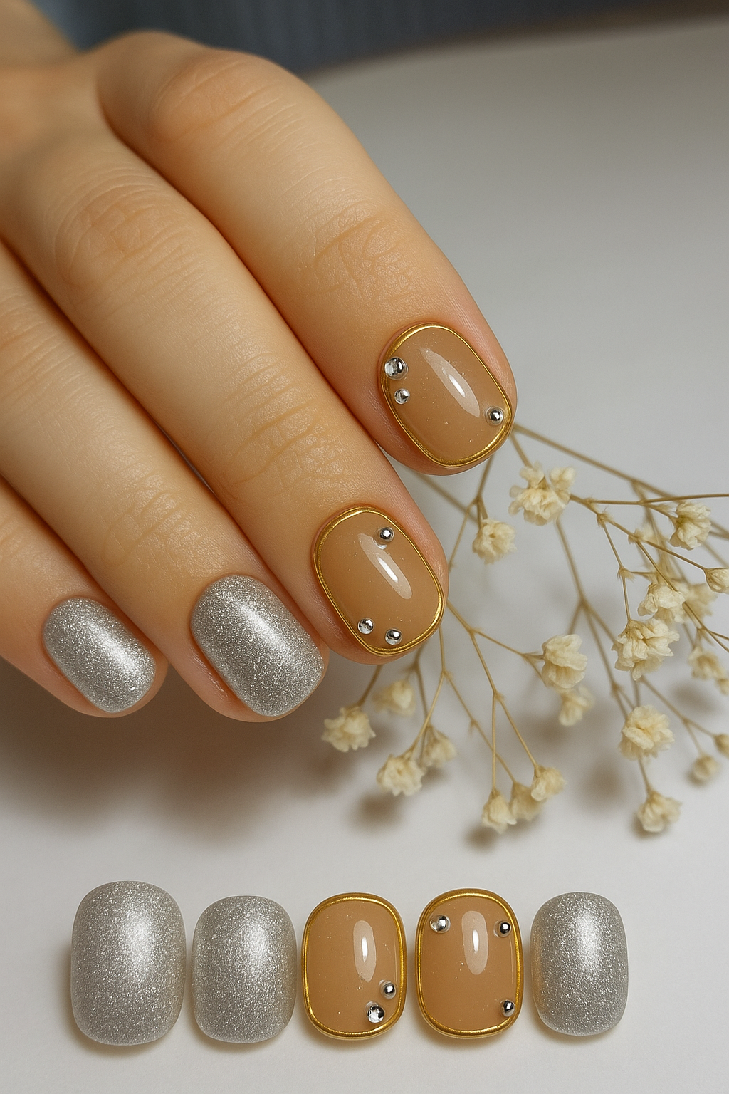 Nude and silver press-on nails with gold border and crystal stones – eLanto Nails Pakistan