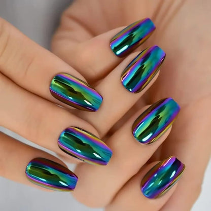 "Vibrant Beetle Green Chrome nails with an eye-catching metallic sheen."