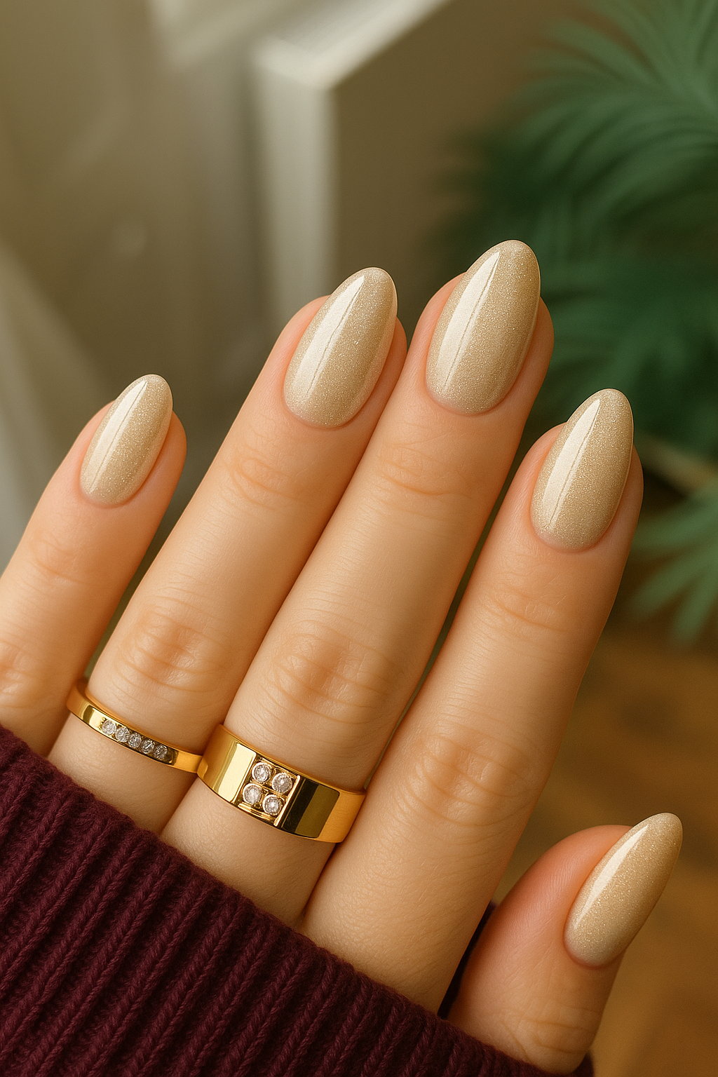 Champagne nude shimmer almond press-on nails set by eLanto Nails Pakistan