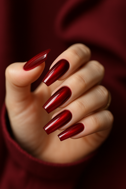 Glossy burgundy red coffin-shaped press-on nails set by eLanto Nails Pakistan