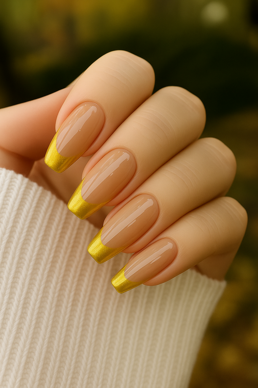 Glossy nude coffin-shaped nails with vibrant golden French tips – classy and festive nail design popular in Pakistan.