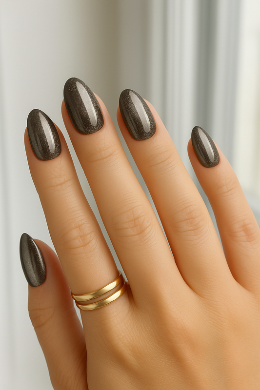 Matte grey-black ombré almond press-on nails set by eLanto Nails Pakistan