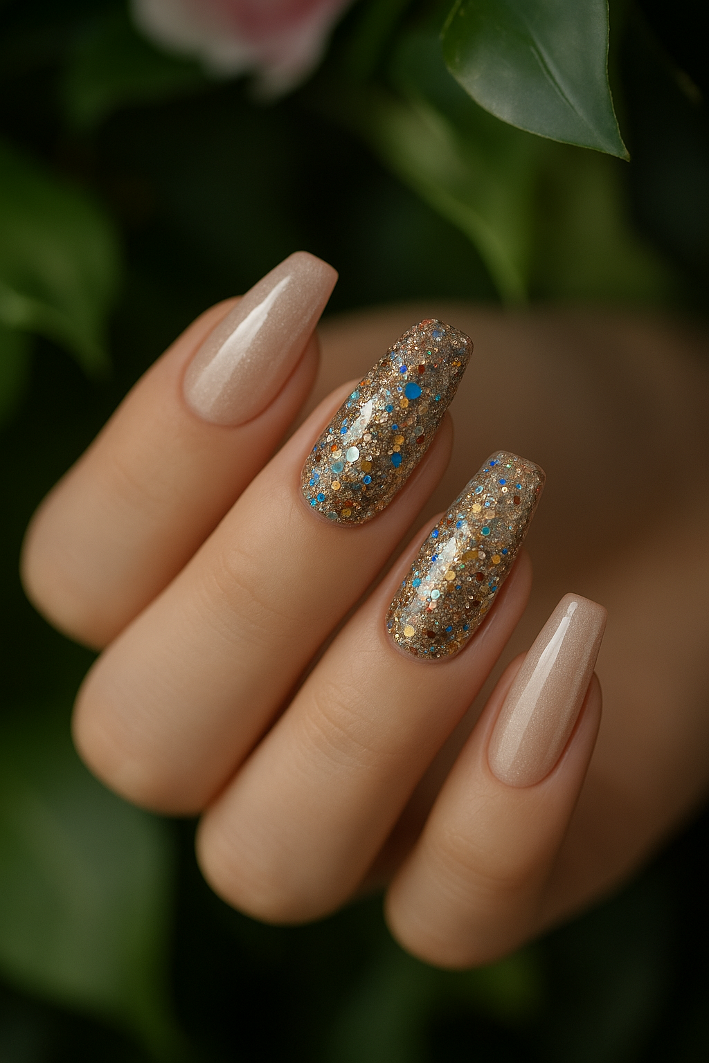 Long nude shimmer and multicolor glitter confetti press-on nails – eLanto Nails Pakistan