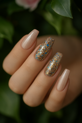 Long nude shimmer and multicolor glitter confetti press-on nails – eLanto Nails Pakistan