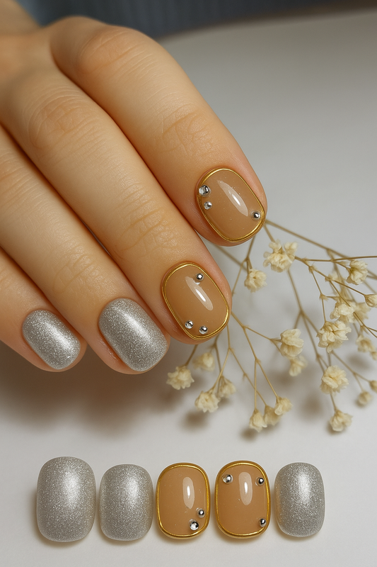 Nude and silver press-on nails with gold border and crystal stones – eLanto Nails Pakistan