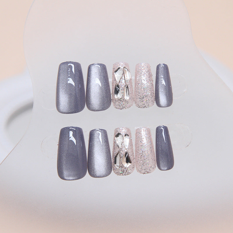 Twelfth Night grey cat eye nails with a mysterious, reflective shimmer in a square shape, perfect for a sophisticated look.