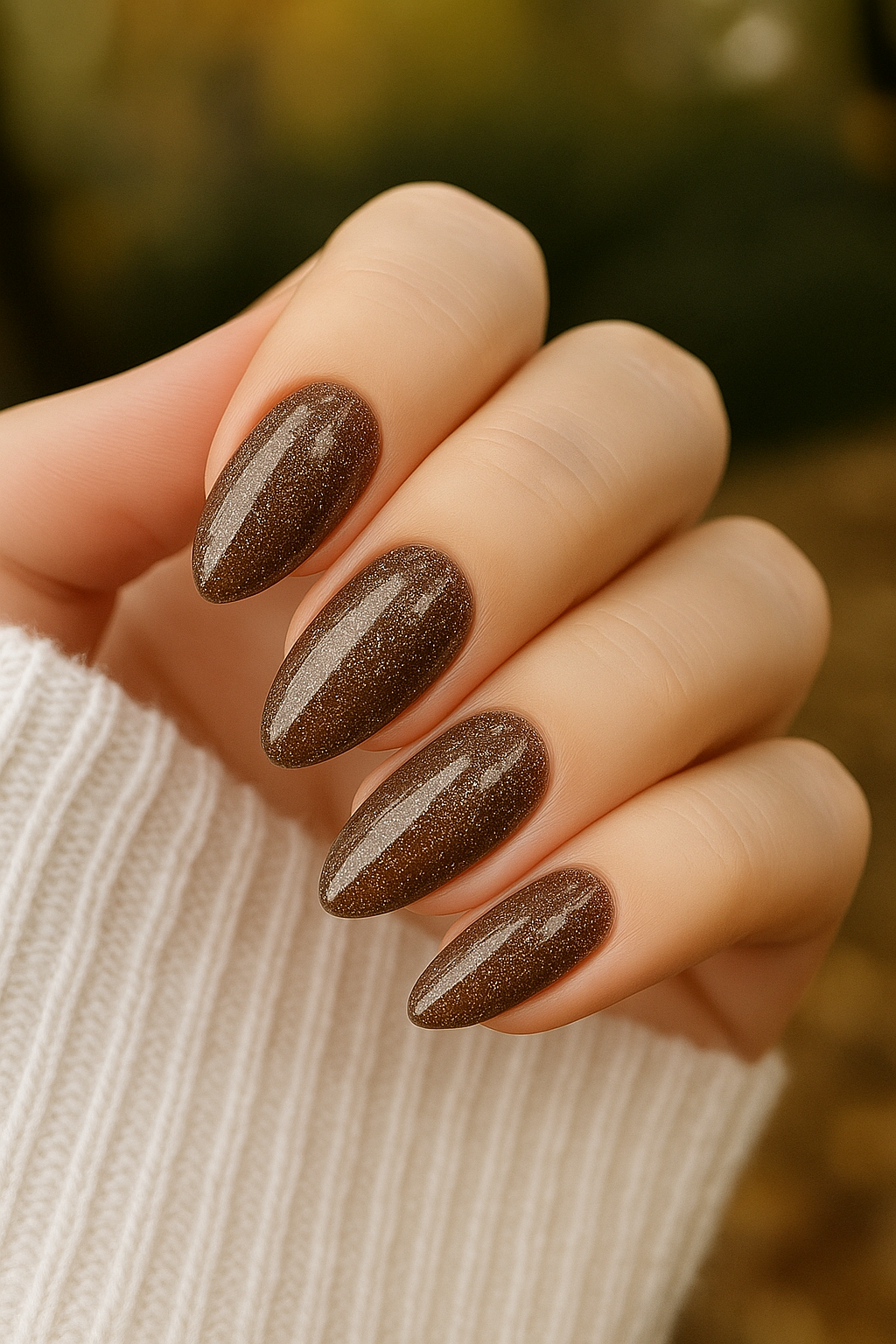 Close-up of elegant brown glossy almond-shaped nails with shimmer finish – perfect winter nail art idea for Pakistani women.
