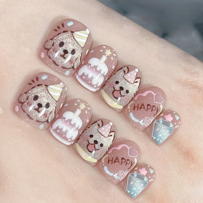 "Playful 'Puppy Party' press-on nails with colorful dog designs."